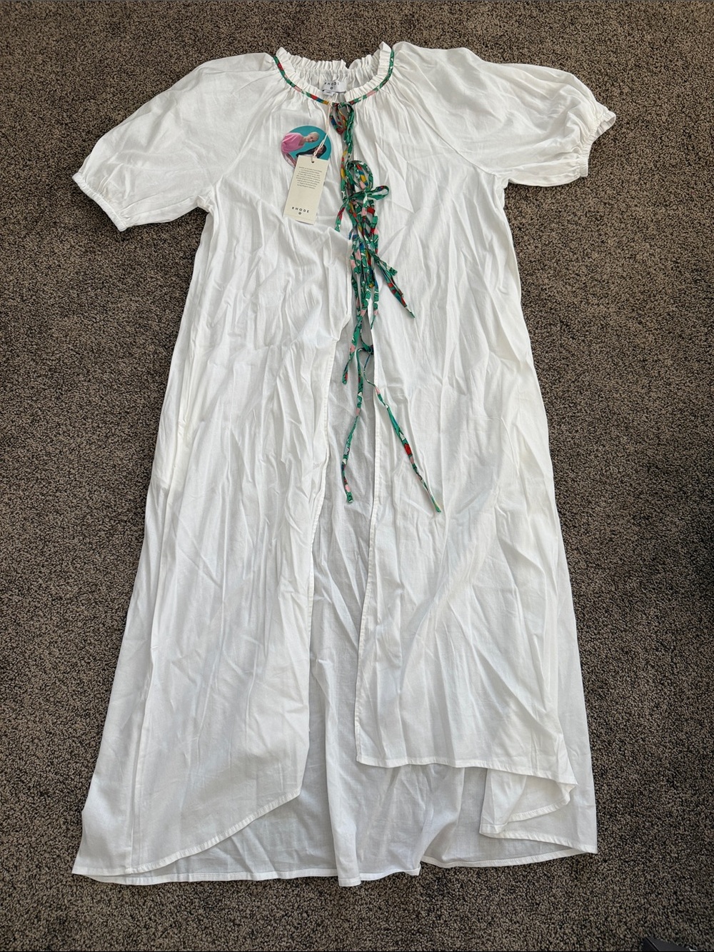 RHODE White Cotton Tie-Front Caftan swim cover with Green Trim